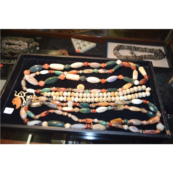 AGATE BEAD NECKLACES (3) & ELEPHANT PINS (2) (5 P CS)
