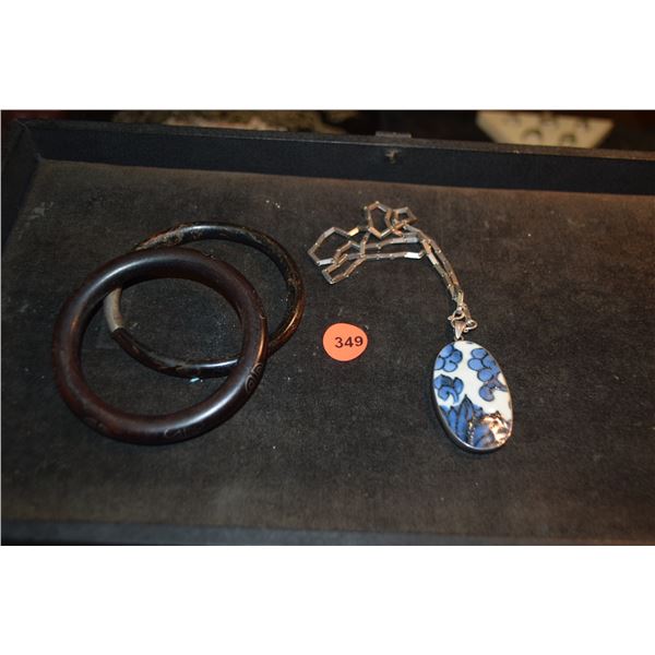 BLACK CORAL, INLAID WOOD BRACELETS (2) & ANTIQUE SHARD PENDANT ON CHAIN (3 PCS)