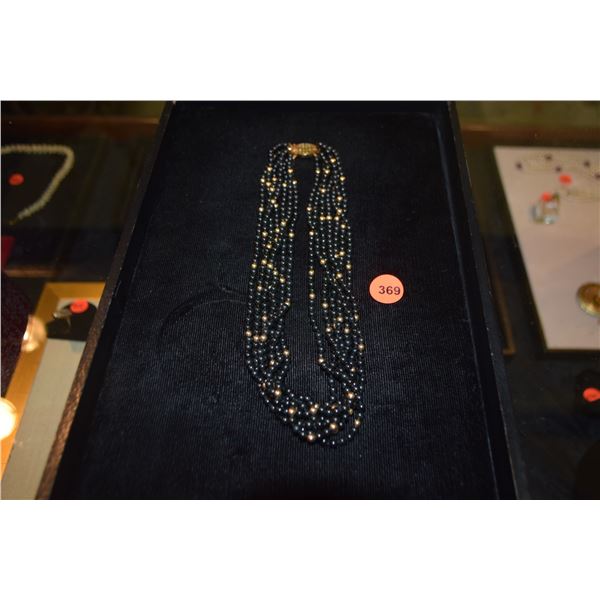 GUMPS 14K BLACK JADE 7 STRAND NECKLACE W/14K CLASP & RED SILK BOX