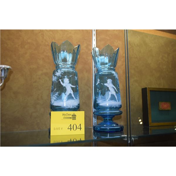 ANTIQUE MARY GREGORY STYLE TURQUOISE COLOR HAND BLOWN GLASS BALUSTER VASES (12") (PAIR)