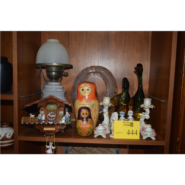 MIXED LOT: DRESDEN FLORAL CANDLE HOLDERS, HEIDI HAUS CLOCK, GERMAN DOLLS, PICTURE FRAME, MURANO STYL