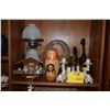 Image 1 : MIXED LOT: DRESDEN FLORAL CANDLE HOLDERS, HEIDI HAUS CLOCK, GERMAN DOLLS, PICTURE FRAME, MURANO STYL
