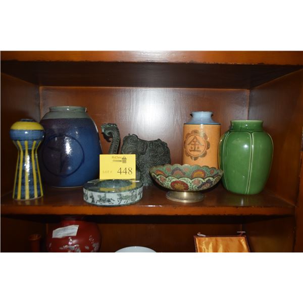 MIXED LOT: CERAMIC VASES, PERSIAN BRASS FOOTED DISH, ELEPHANT & MARBLE ASH TRAY (7 PCS)