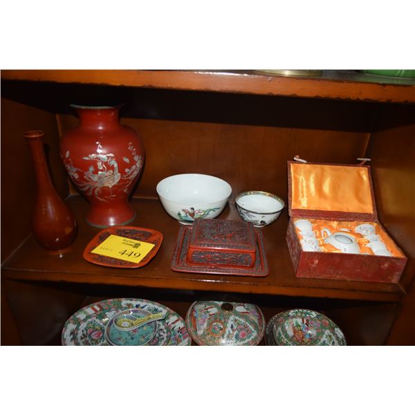 MIXED LOT: KOREAN & CHINESE VASES, BOWLS, TEA POT & CUPS, CINNABAR BOX & TRAYS (8 PCS)