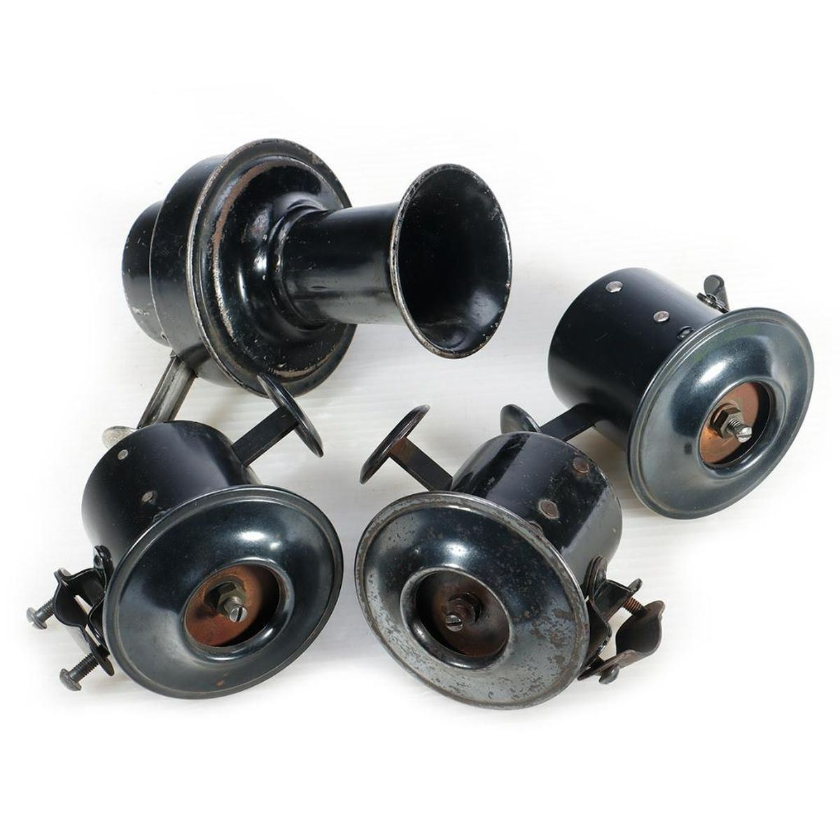 Four Antique Automobile Push Plunger Klaxon Style Horns