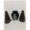 Image 1 : Nice Black Vase with Flower Design + 2 Unique Metal Book Ends