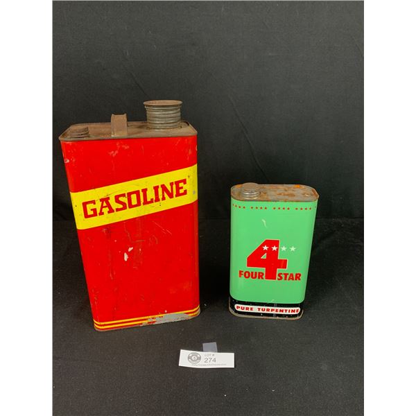 Vintage 1 Gallon Gasoline Tin and a 4 Star Turpentine Tin