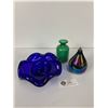 Image 1 : Beautiful Glass Lot. Handblown Green Jar with a bit of Shimmer, Blue Handblown Bowl/Ashtray and An I