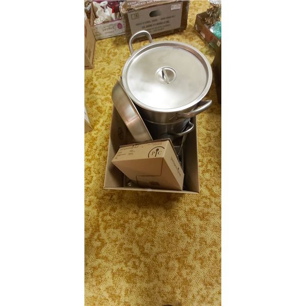 Large Industrial Double Boiler and Large Frying Pan With Tray of Silverware