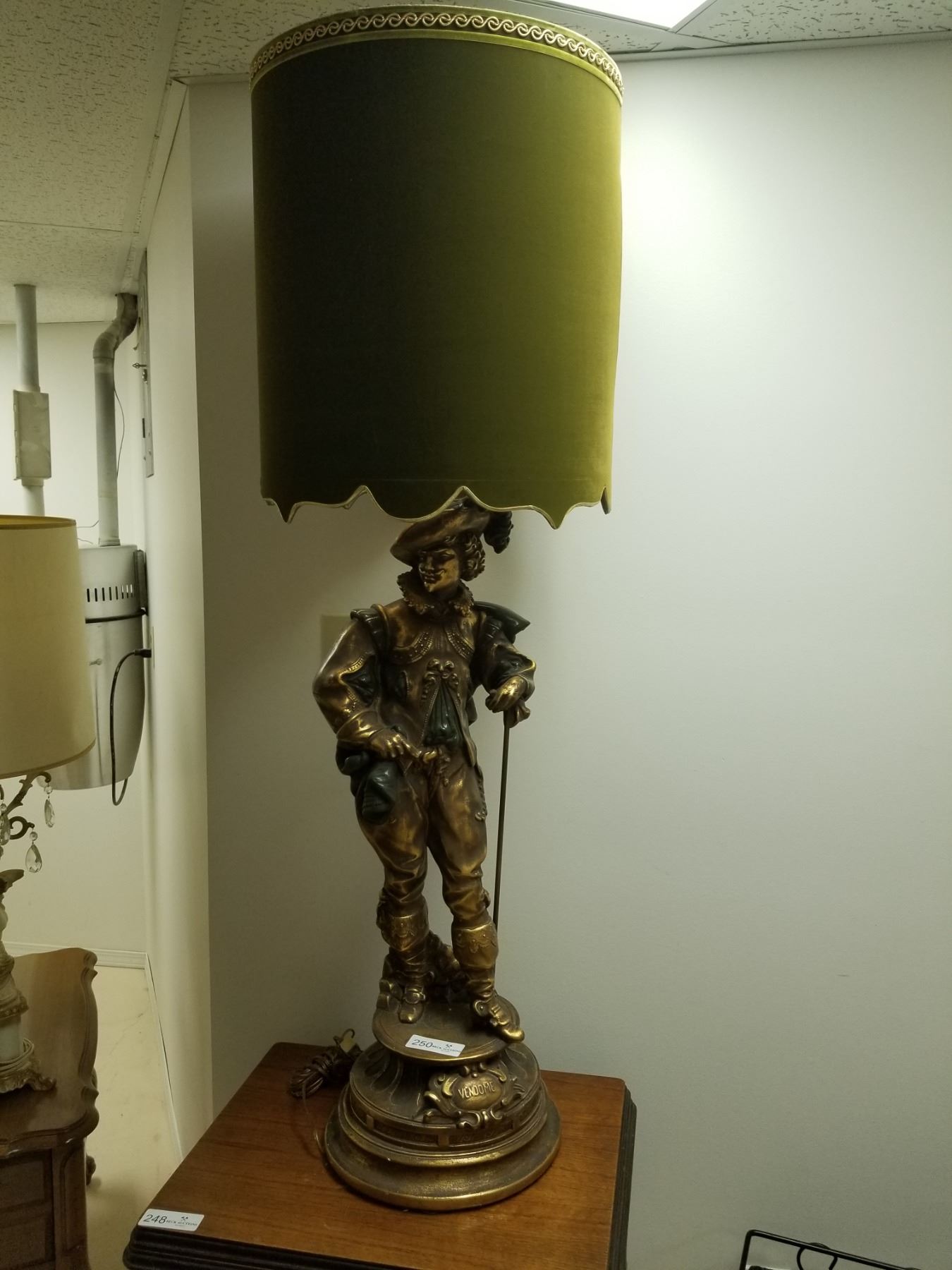 Large Antique Statue Lamp with Green Velvet Shade 49" Tall