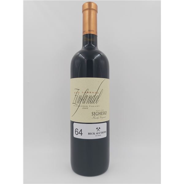 San Lorenzo Seghesio Family Vineyards Alexander Valley Zinfandel 2002 Vintage 16.5%