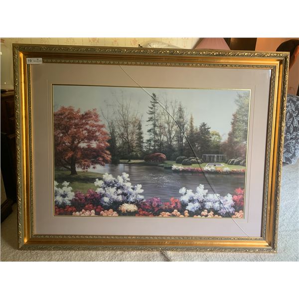 Large Size Pond With Fountain Scene (Broken Glass) 48" Wide X 37 " Tall