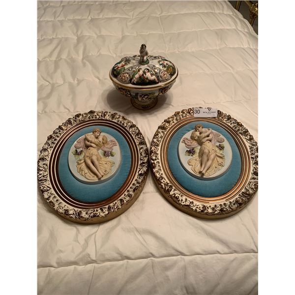 Two Ceramic Relief Bisque Blue Medallions Small Tureen Lot