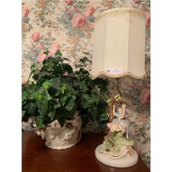 Rococo Style Girl on a Swing Lamp Plus Artificial Plant With Ornate Pot