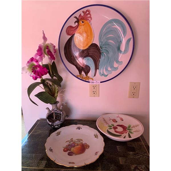 Three Oversized Ceramic Plates and Bowl Plus Artificial Plant and Vase