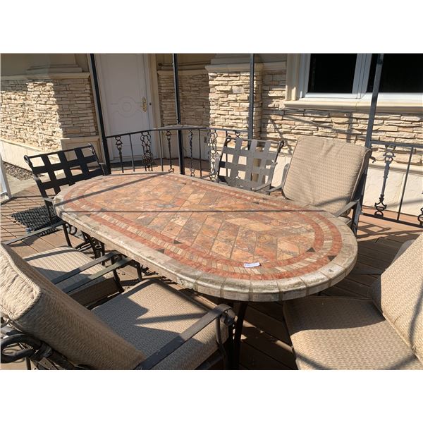 Super Heavy Stone Outdoor Table With Wrought Iron Chairs With Cushions 7' Feet X 42" Wide X 29" Tall