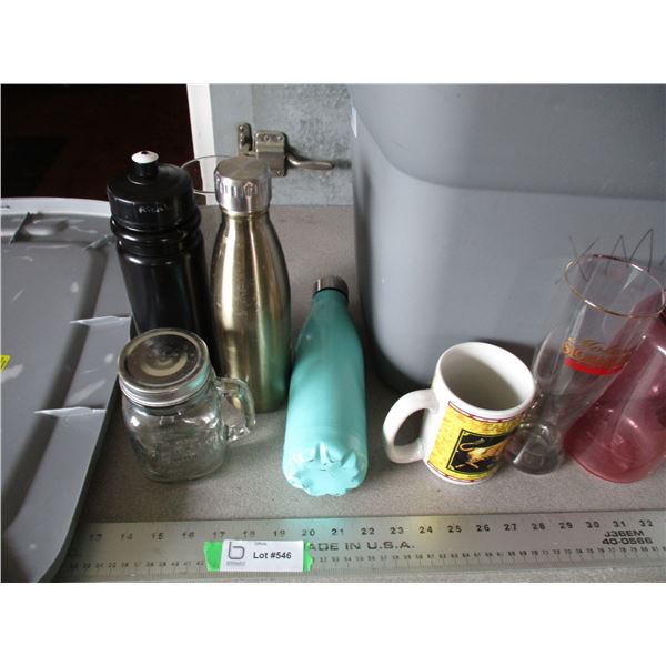 Misc tote with bullet blender, cups + water bottles