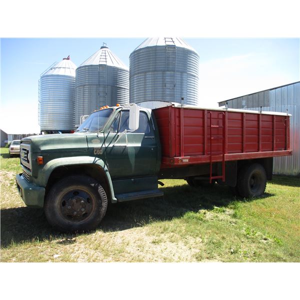 1975 Chevy C60 grain truck (350 engine - works good) 55,879 miles - 14ft box with roll top with hois