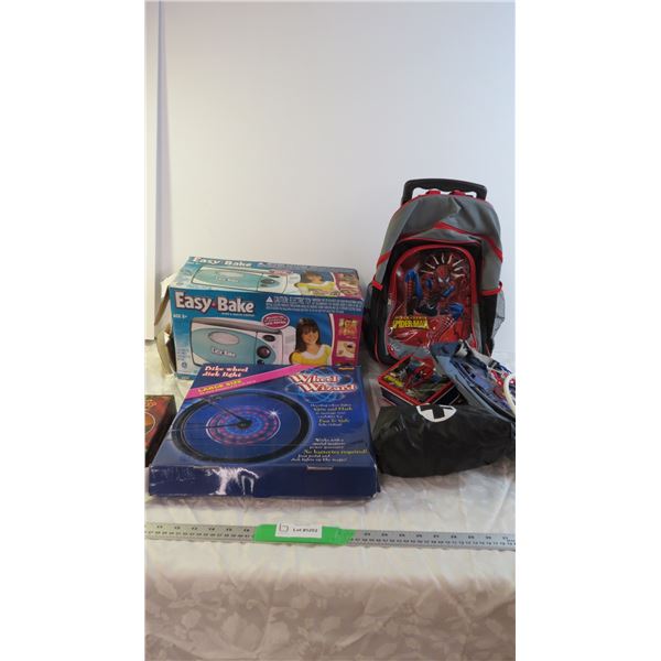 Easy bake oven + Spiderman backpack + Wheel Wizard + other misc