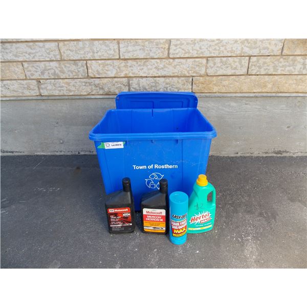 *Blue Recycle Bin w/ Motor Oil and Misc.