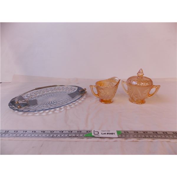 Iris and Herringbone Depression Glass Cream and Sugar Set w/ Blue Bubble Glass Plate and Handle