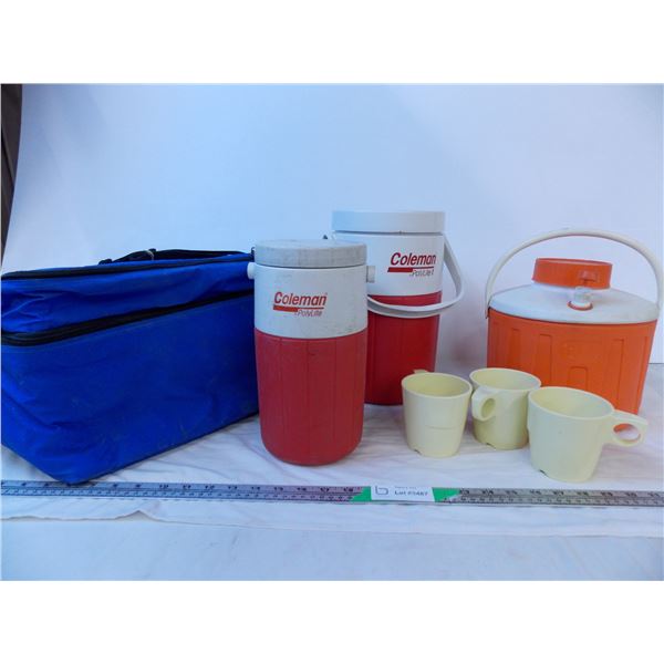 (3) Camping Water Jugs + Soft Cooler and Mugs