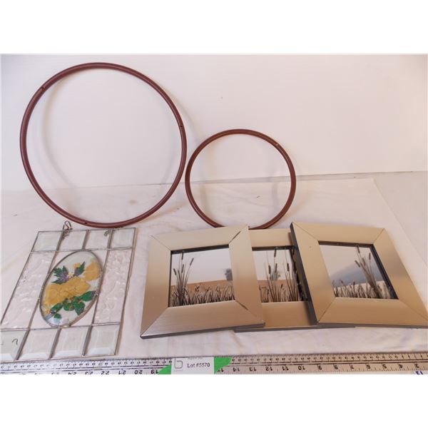 Glass window Hanger, (3) Mirror Wall Tiles, (2) Macrame Hoops