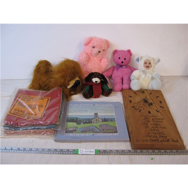 Stuffed animals, clock and calendar