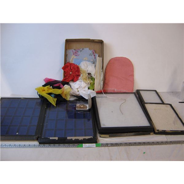 Box containing ring/earring/key display cases and box of ladies kerchiefs and doilies