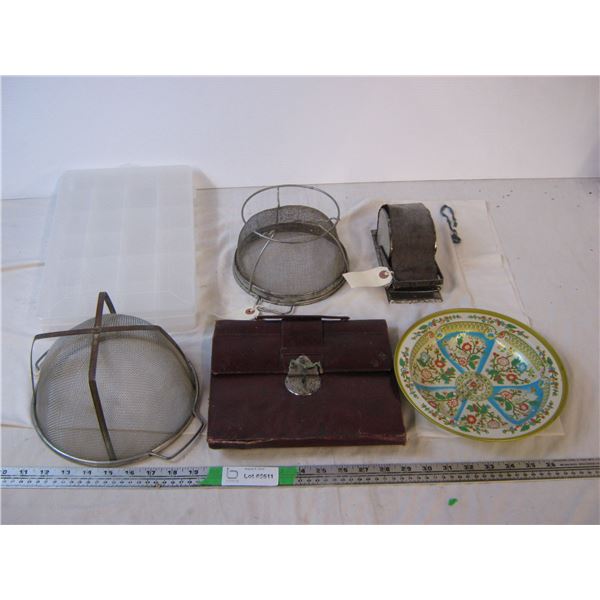 (2) Footed strainers,Old tobacco roller, vinyl case, plastic container