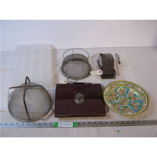 (2) Footed strainers,Old tobacco roller, vinyl case, plastic container