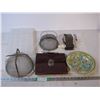 Image 1 : (2) Footed strainers,Old tobacco roller, vinyl case, plastic container