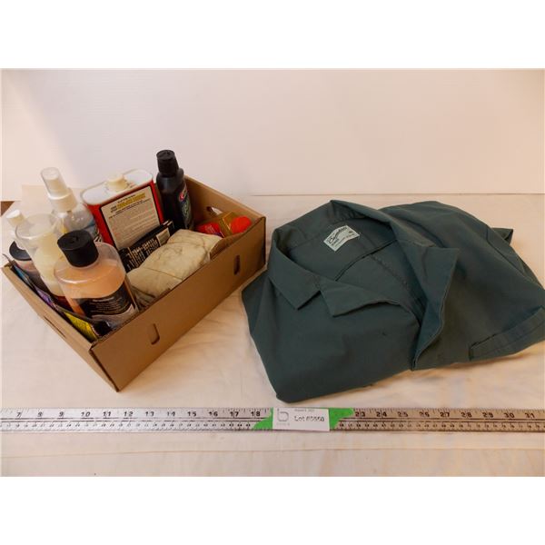 Vintage “Canadian” Green Shop Coat (size 46) + Box of Car Cleaning Supplies