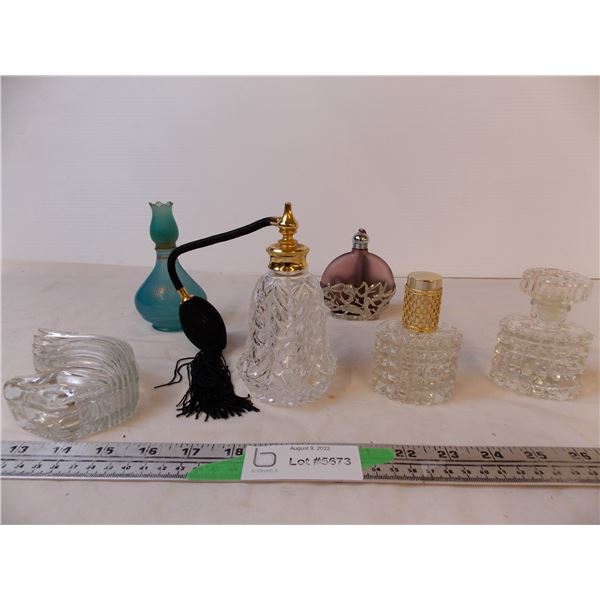 (5) Vintage Perfume Bottles and a Glass Earring Box (Wing Design)