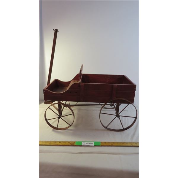 Wooden cart with metal wheels and handle