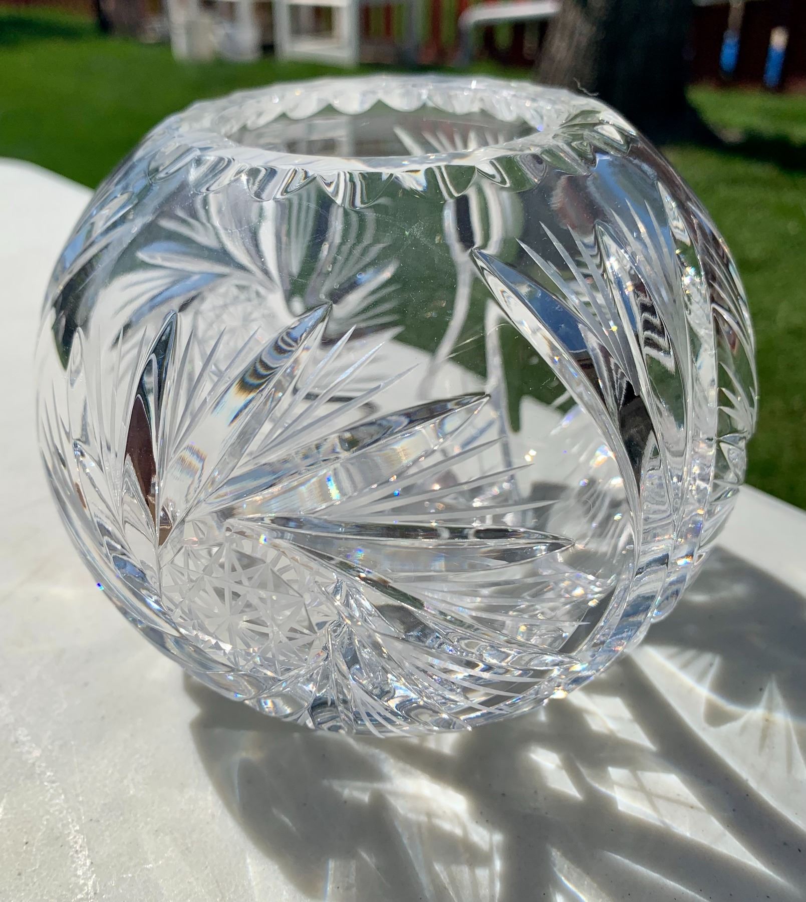 Heavy Lead Hand Cut Crystal Pinwheel Rose Bowl