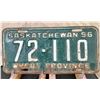 Image 1 : Saskatchewan 1956 License Plate 72-110