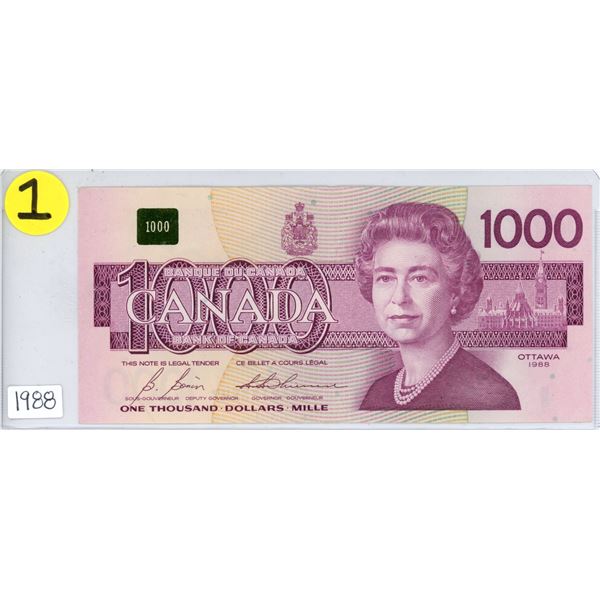 1988 One Thousand Dollar note $1000.00 Canadian 1K bill
