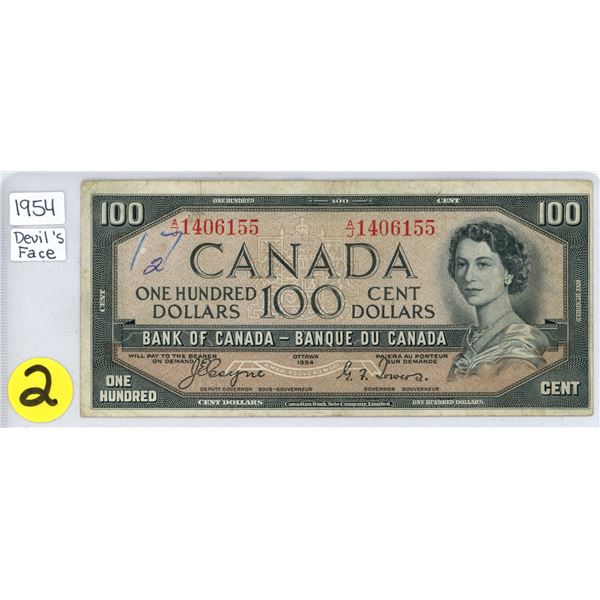 1954 One Hundred Dollar note *devil's face* $100.00 Canadian bill