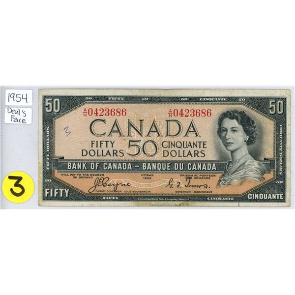 1954 Fifty Dollar note *devil's face* $50.00 Canadian bill