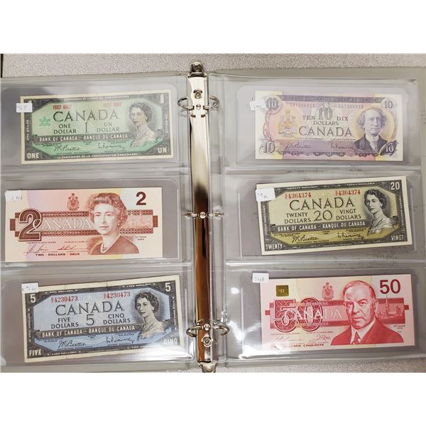 Binder of 6 Canadian bills 1967 $1, 1986 $2, 1954 $5, 1971 $10, 1954 $20, 1988 $50