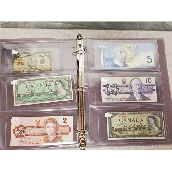 Binder of 6 Canadian bills 1923 25 cents, 1954 $1, 1986 $2, 2002 $5, 1989 $10, 1954 $20