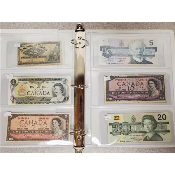 Binder of 6 Canadian bills 1900 25 cents, 1973 $1, 1954 $2, 1986 $5, 1954 $10, 1991 $20