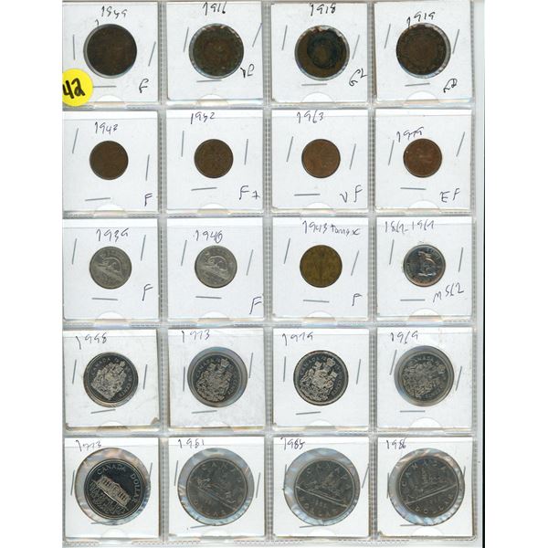 20 assorted Canadian coins one cent-one dollar