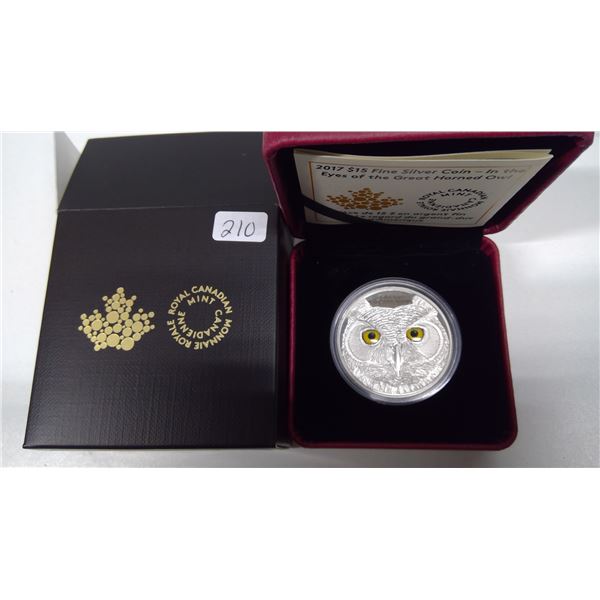 2017 In the Eyes of the Great Horned Owl $15. 99.99 pure Silver. Proof with glow in the dark yellow 