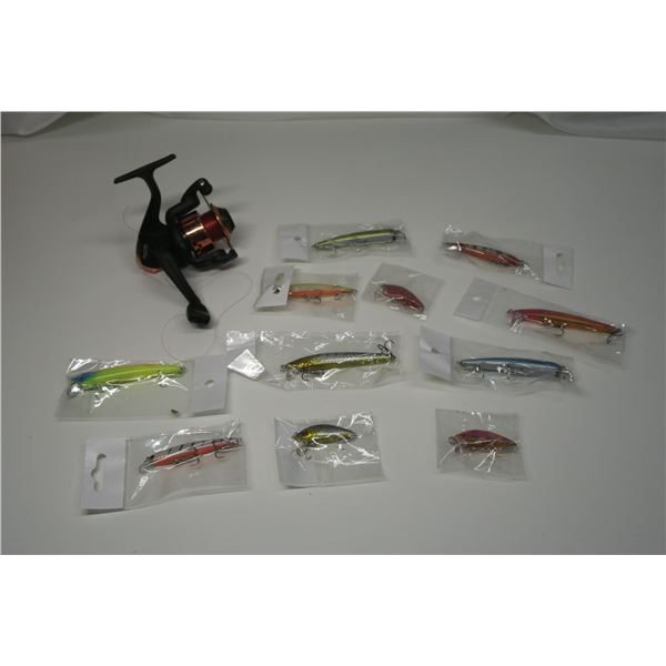 Fishing Reel & 11 New Hooks