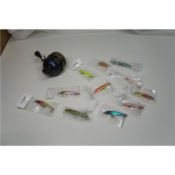 Fishing Reel & 11 New Hooks