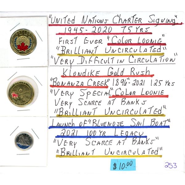 Lot of 3 collectible color Canadian coins - United Nations Charter Signing loonie, Klondike gold rus