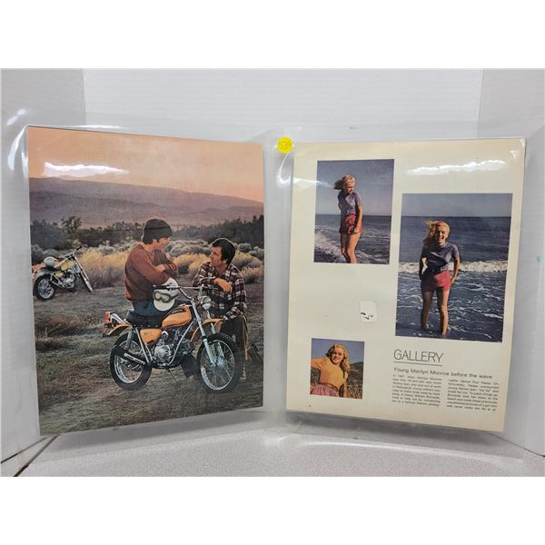 2 full page vintage advertisements, laminated - Marilyn Monroe & Honda motorcycle ad