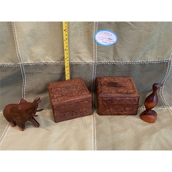 2 wooden trinket boxes from India, with brass inlay on lid, and 2 wooden carved animal figurines. El